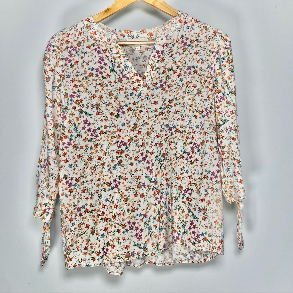 Cynthia Rowley Floral Blouse V Neck White Purple Spring Cottagecore 3/4 Sleeve